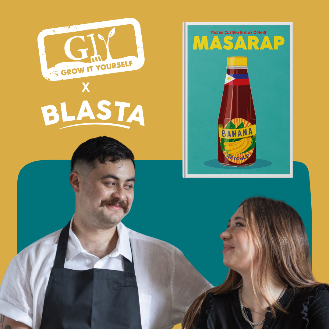 Richie Castillo and Alex O’Neill of Bahay smiling at each other beside the cover of their cookbook Masarap, with GIY x Blasta branding.