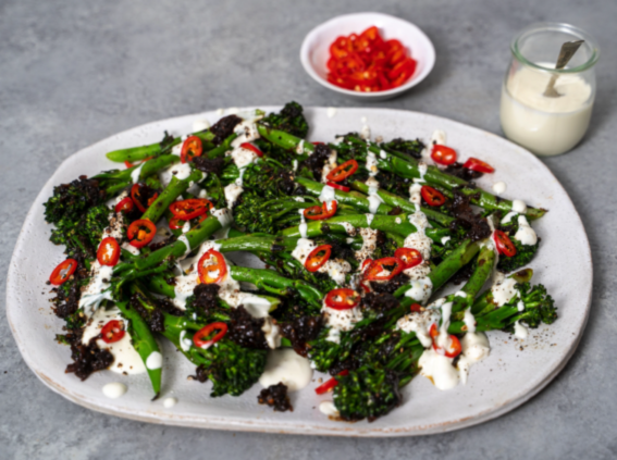 BBQ Broccoli With Balsamic Black Garlic & Preserved Lemon Yogurt Dressing