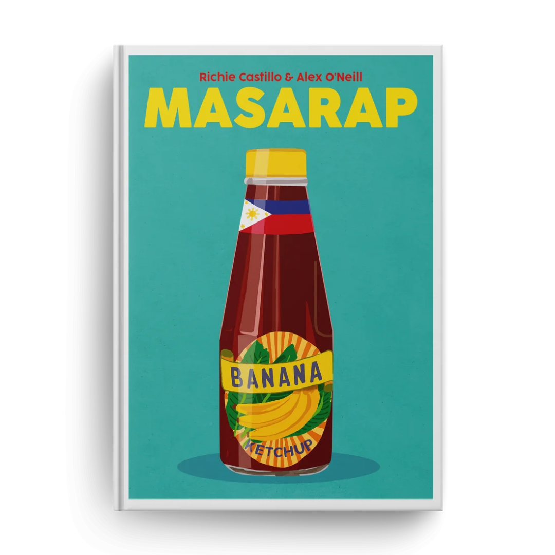 Cover of Masarap, a Filipino-Irish cookbook by Richie Castillo and Alex O’Neill, featuring a bottle of banana ketchup with the Philippine flag on the label.